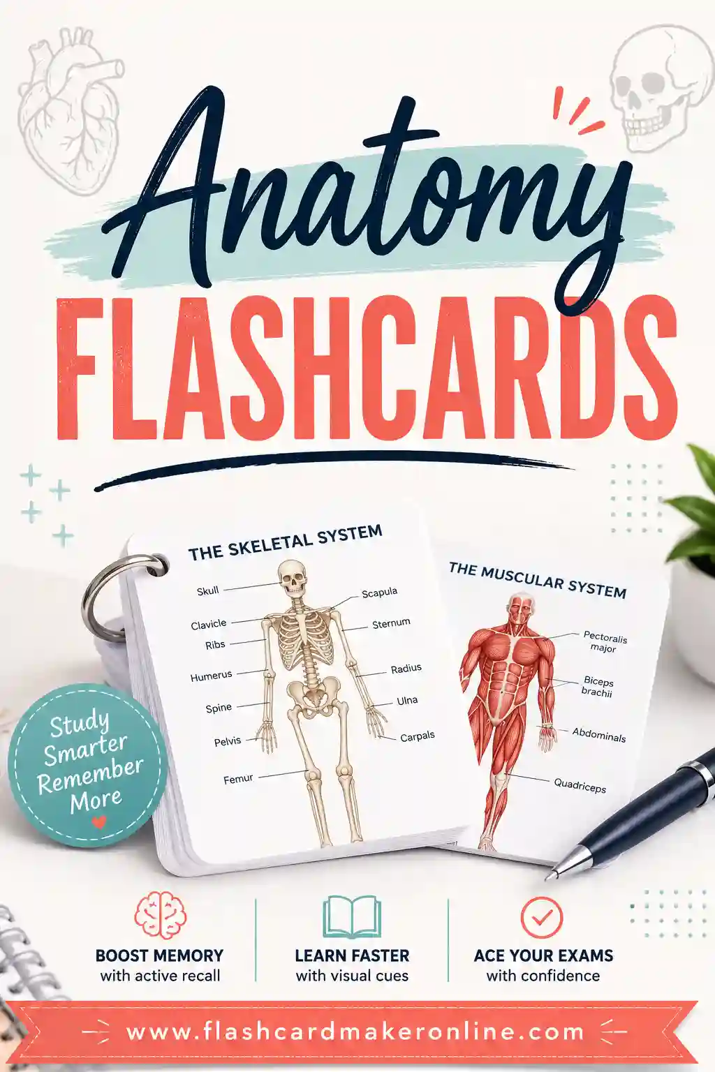 Printable anatomy flashcards showing bones, muscles, and organs with their names and functions
