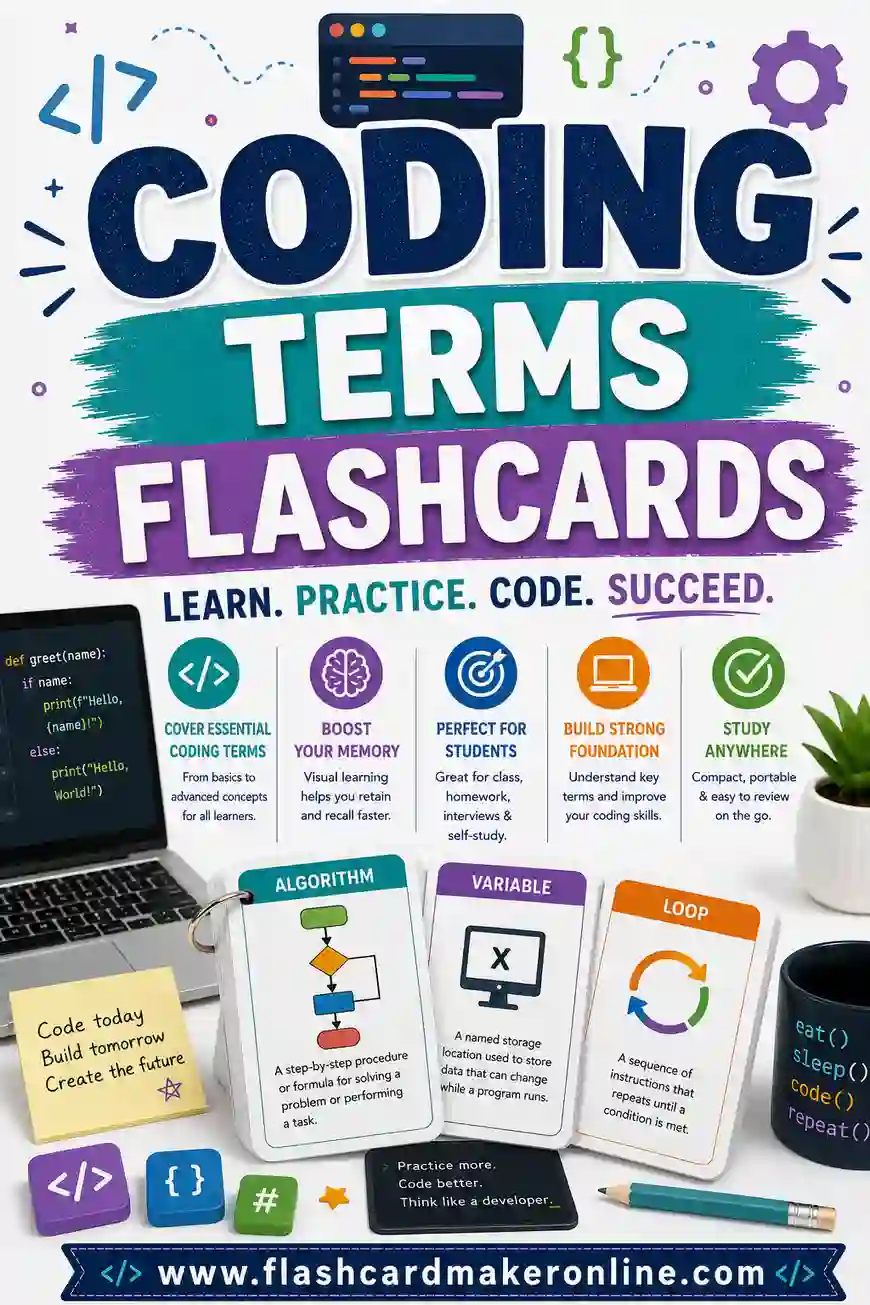 Printable coding terms flashcards showing a programming term on the front and its plain-English definition on the back
