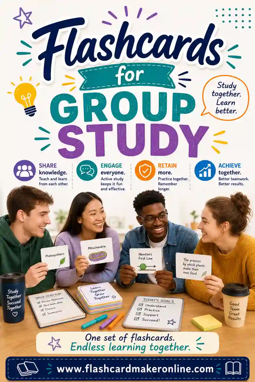 A group of students sitting around a table playing a flashcard quiz game with printed study cards