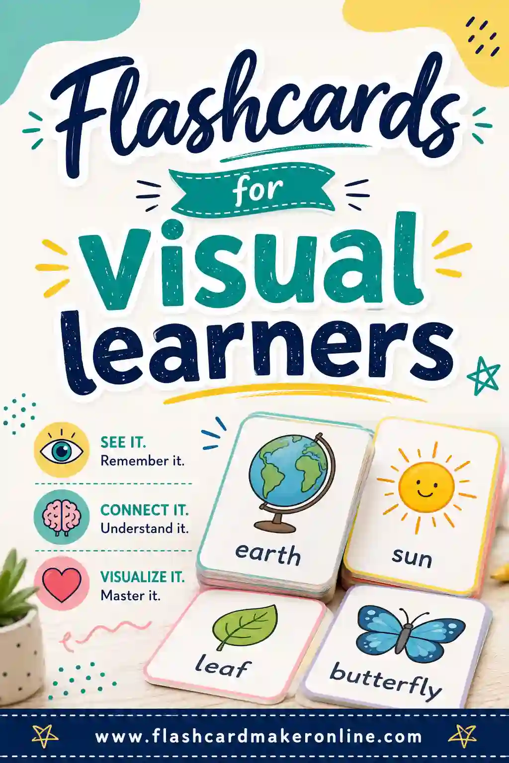Colorful printable flashcards with simple icons and diagrams laid out for a visual learner