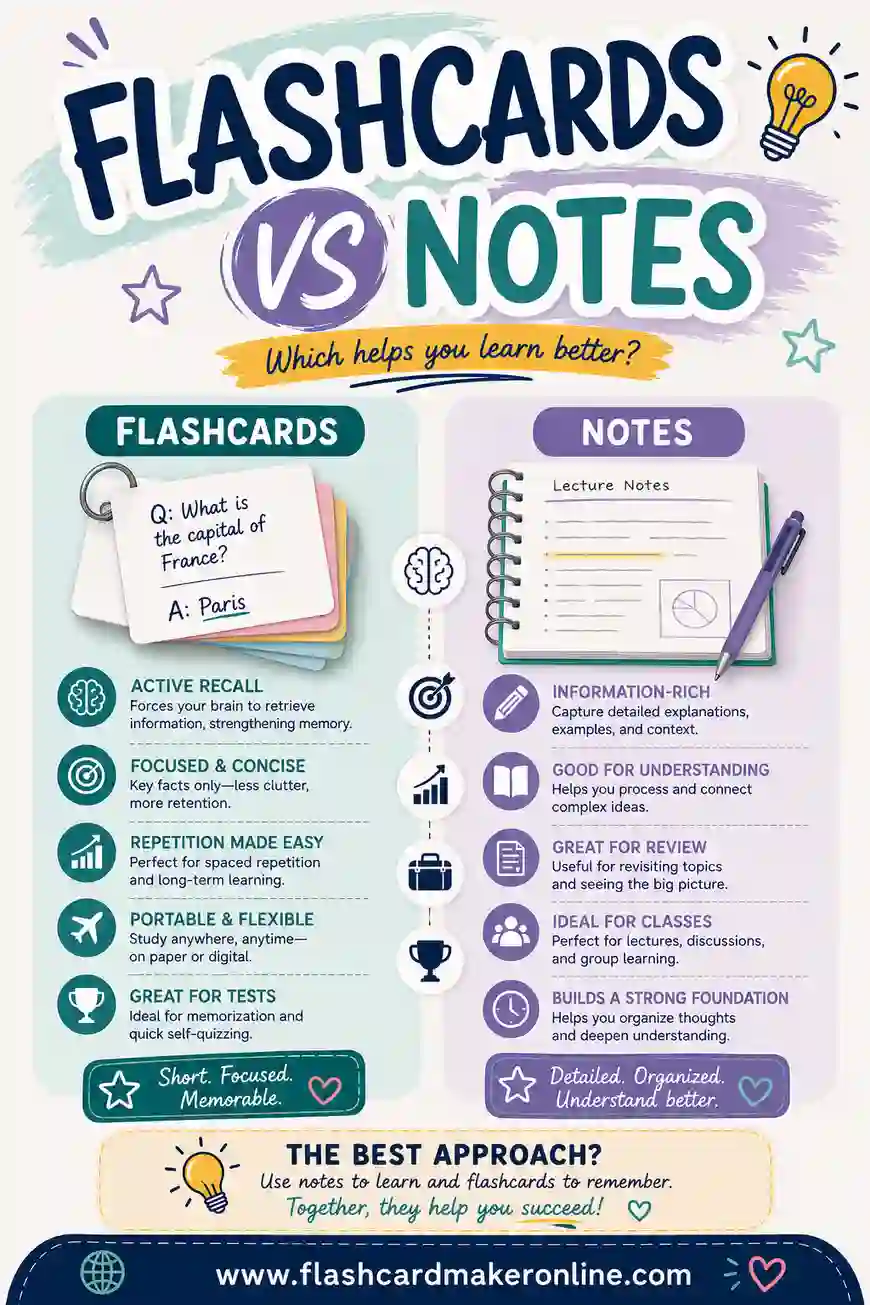 Side-by-side comparison of a page of handwritten notes and a stack of flashcards showing terms and definitions