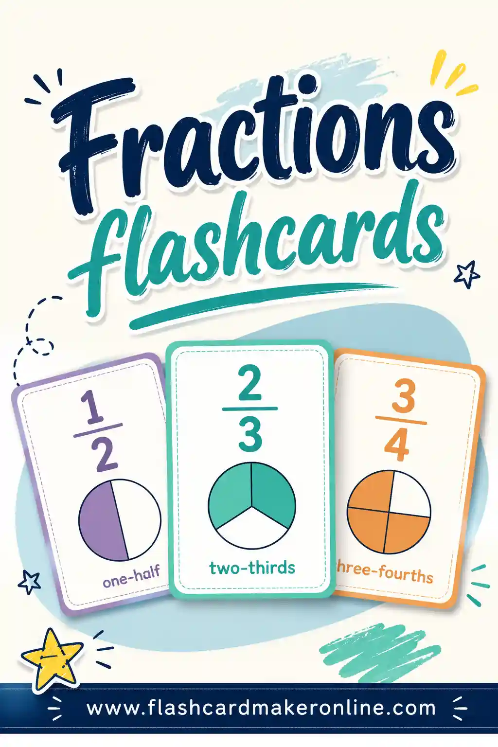Printable fractions flashcards showing equivalents and decimal conversions like one-half equals two-fourths