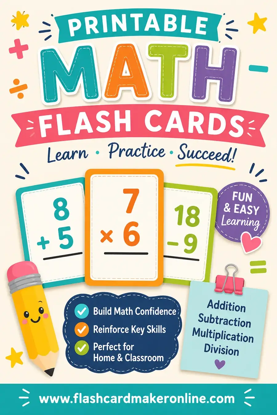 Printable math flash cards for kids showing addition, subtraction, multiplication, and division problems with answers on the back