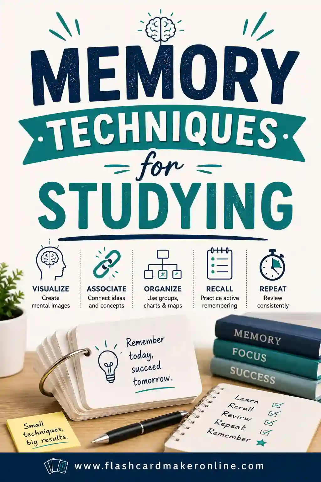 Student using flashcards and memory techniques like active recall and spaced repetition to study