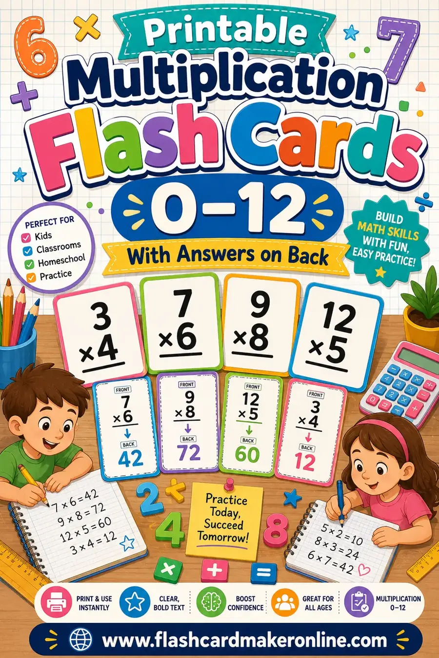 Printable Multiplication Flash Cards 0–12 With Answers on Back (PDF)