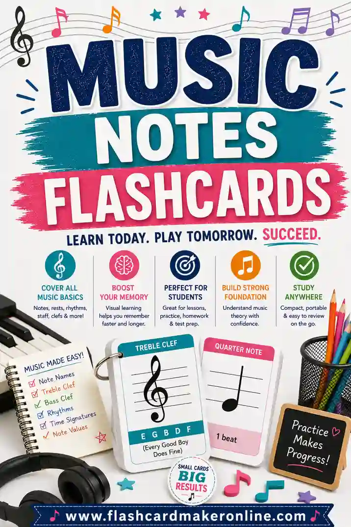Printable music notes flashcards showing a note on the staff on the front and its letter name on the back