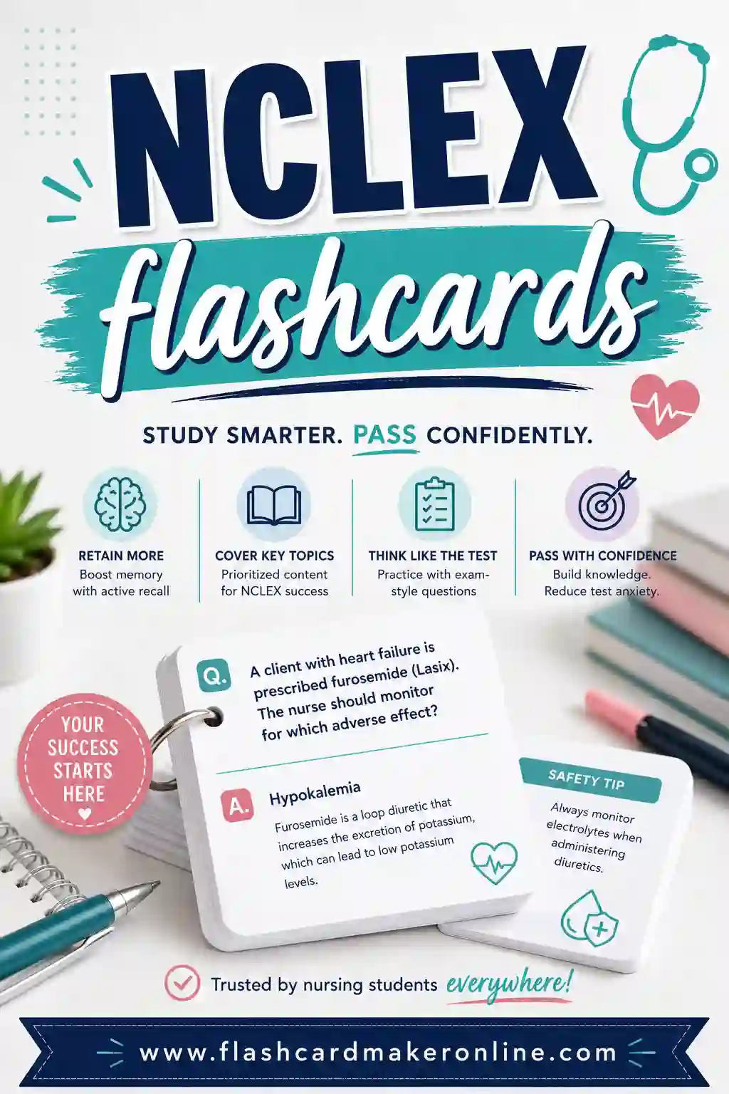 Printable NCLEX flashcard with a nursing question on the front and the key answer and rationale on the back