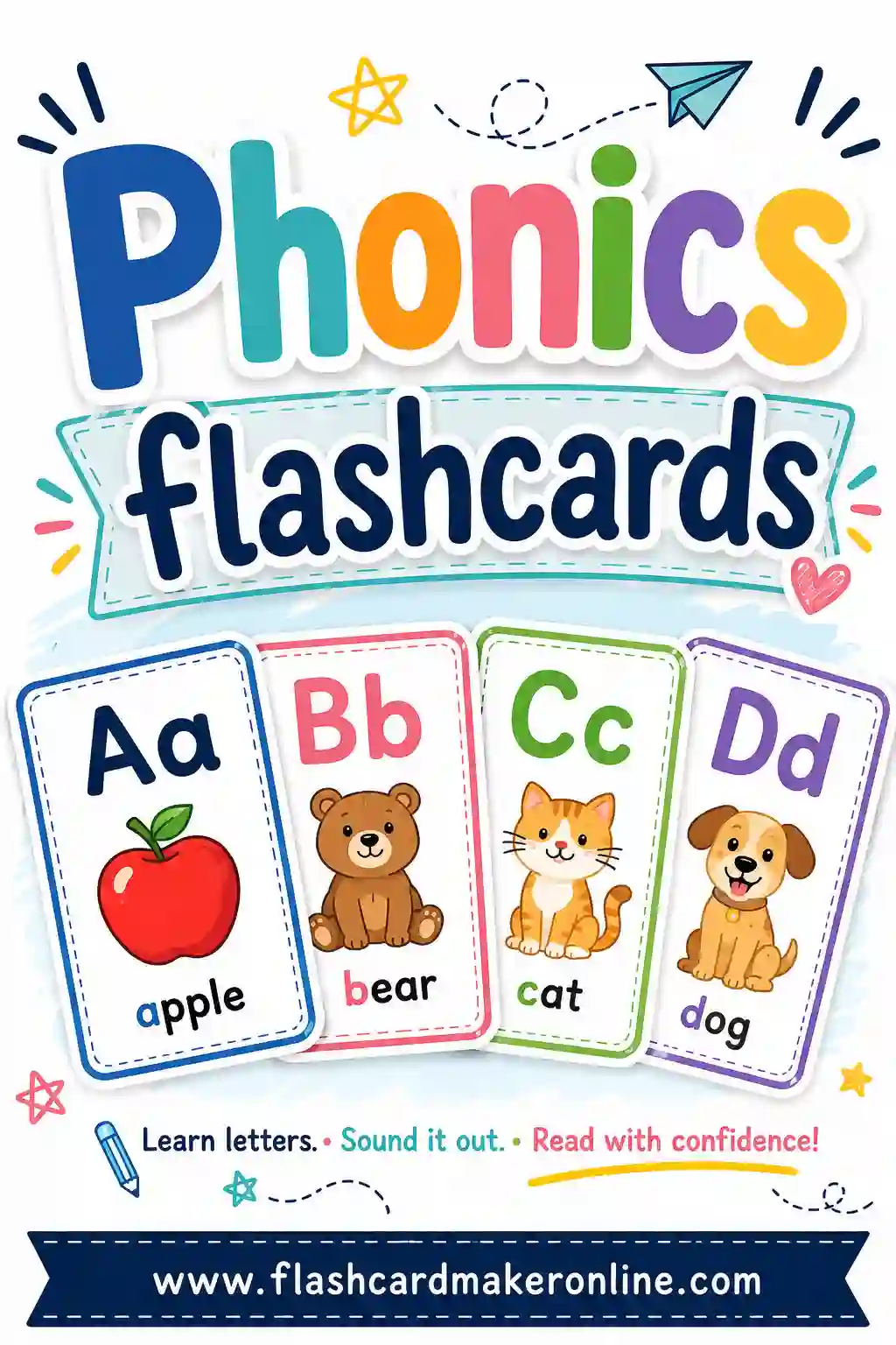 Printable phonics flashcards showing letter sounds, blends, and digraphs like sh, ch, ai, and ck