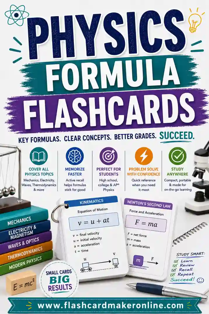 Printable physics formula flashcards showing prompts like force and kinetic energy with their equations on the back