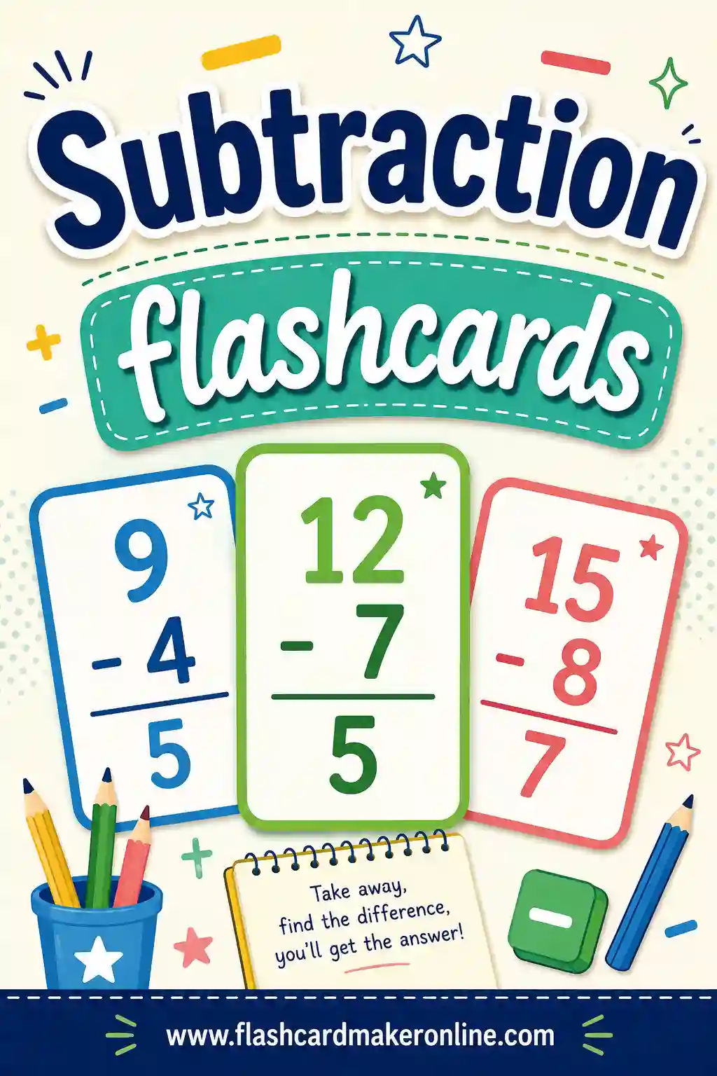 Printable subtraction flashcards showing problems like 15 minus 8 on the front and answers on the back